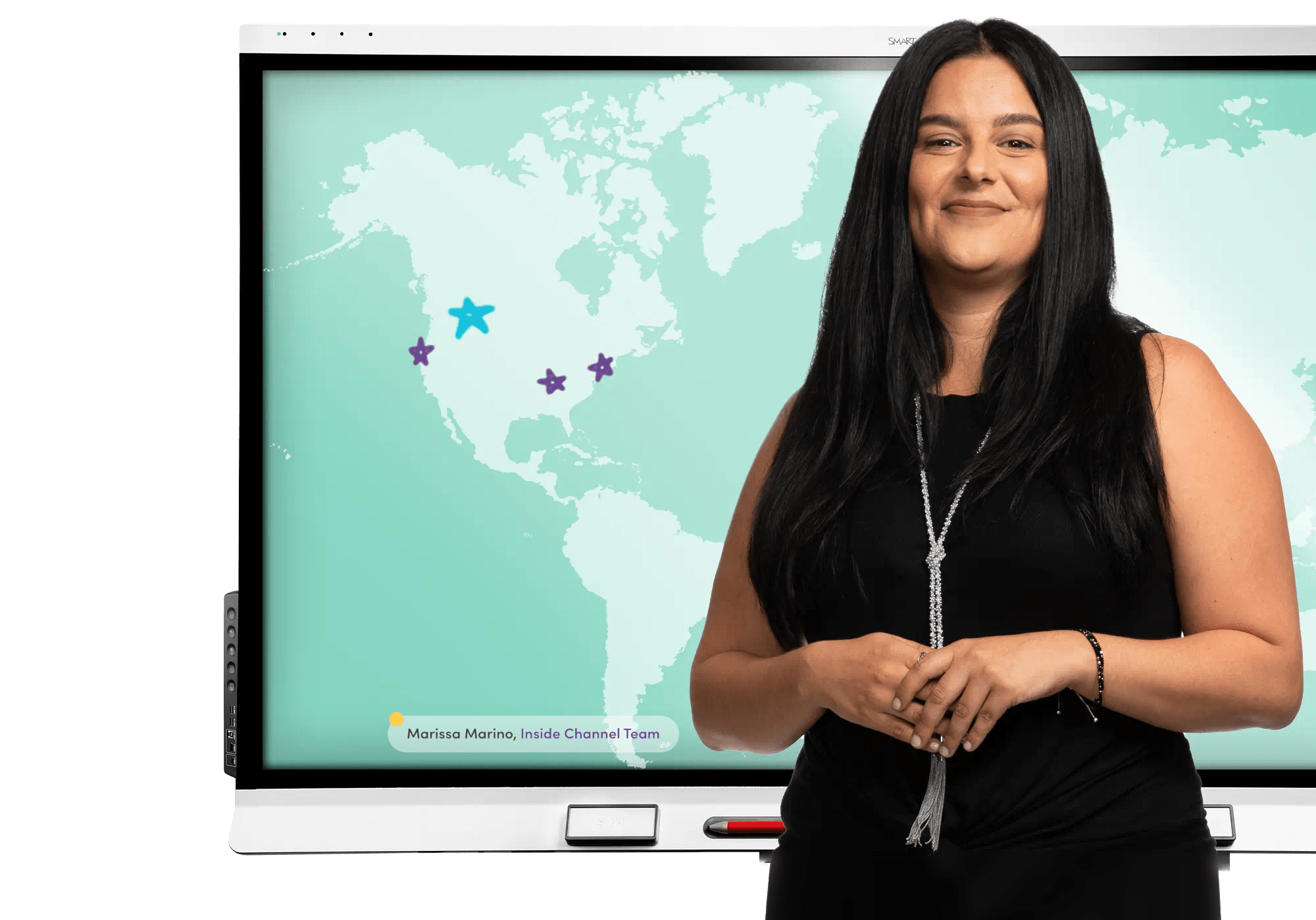 Professional standing next to a SMART Board with a map displaying career opportunities at SMART Technologies.