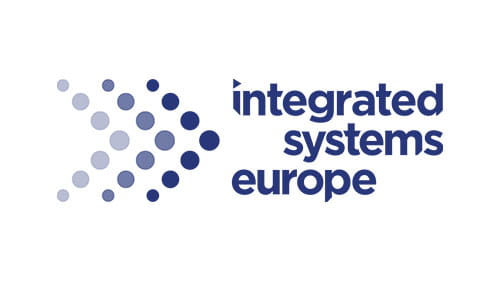 Logo of Integrated Systems Europe featuring a gradient of blue dots forming an arrow shape pointing to the right, accompanied by the text 'Integrated Systems Europe.'