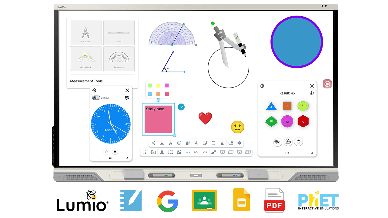 RX series SMART Board showing iQ widgets and logos.
