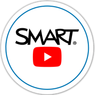Circular logo with a blue border and a red YouTube play button, labeled SMART.