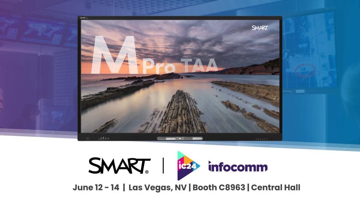 An image of a SMART Board M Pro interactive display set above the SMART and InfoComm 2024 logos along with event info, June 12-14, Las Vegas, NV, Booth C8963 in Central Hall.