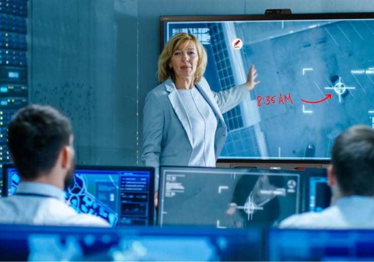 Security briefing led by a woman in a modern control room environment, utilizing a SMART interactive display for data analysis.