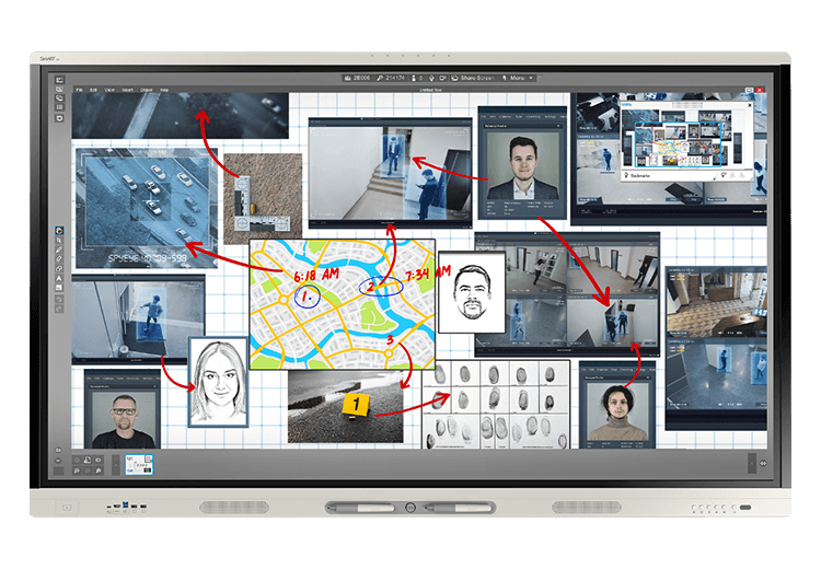 Interactive display showing the SMART Meeting Pro interface with various surveillance footage and a city map.