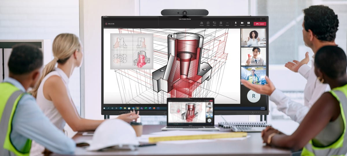 A professional team engaging with a SMART Board GX Zero series in a meeting, displaying 3D engineering drawings and a video call interface with multiple participants.