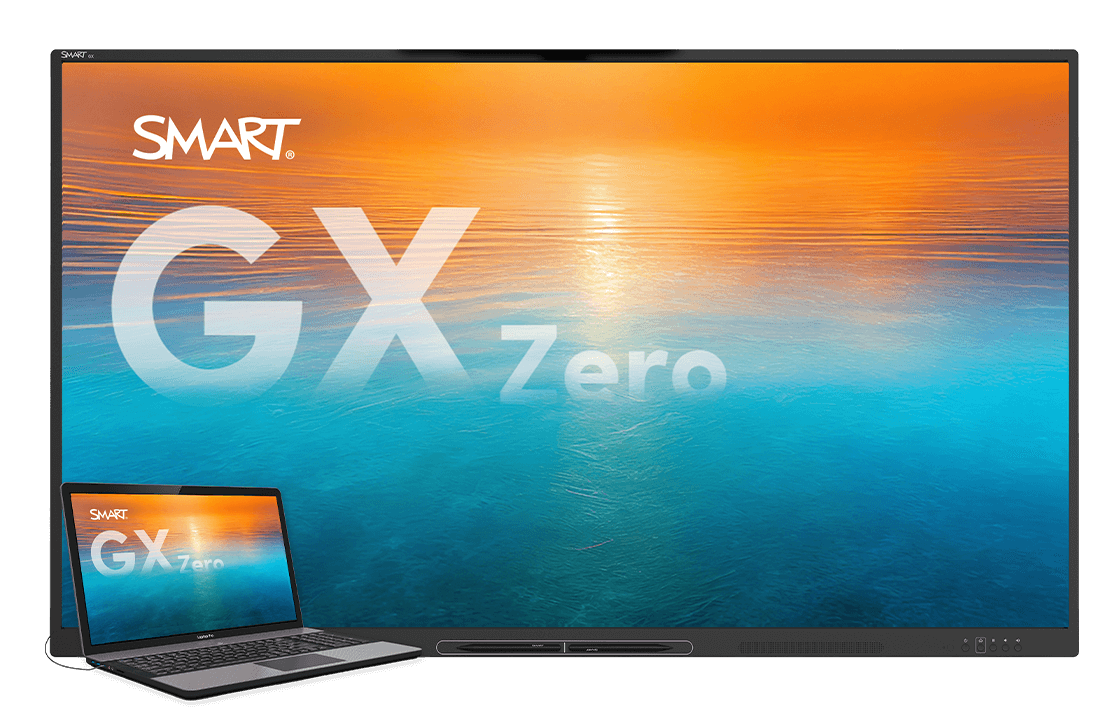 The SMART Board GX Zero series angled to the left, featuring a clear and vivid display of a sunset, emphasizing its high-quality visual capabilities.