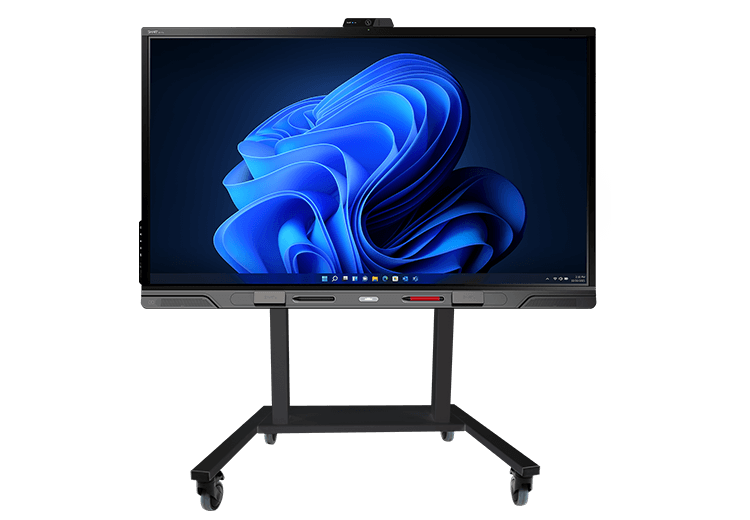 A SMART Interactive display on a mobile stand showcases its flexibility and portability, with a vibrant blue abstract wallpaper on the screen.