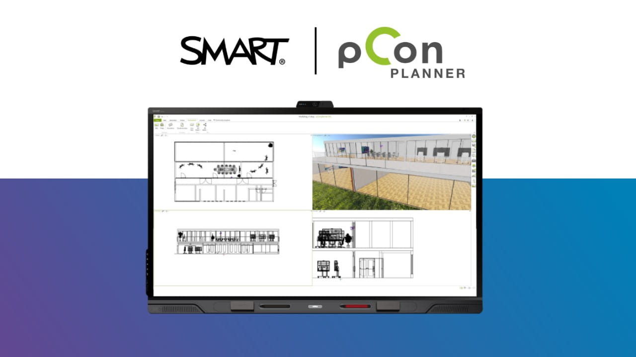 SMART Board interactive display showcasing architectural planning using pCon Planner software with detailed layouts and 3D models.