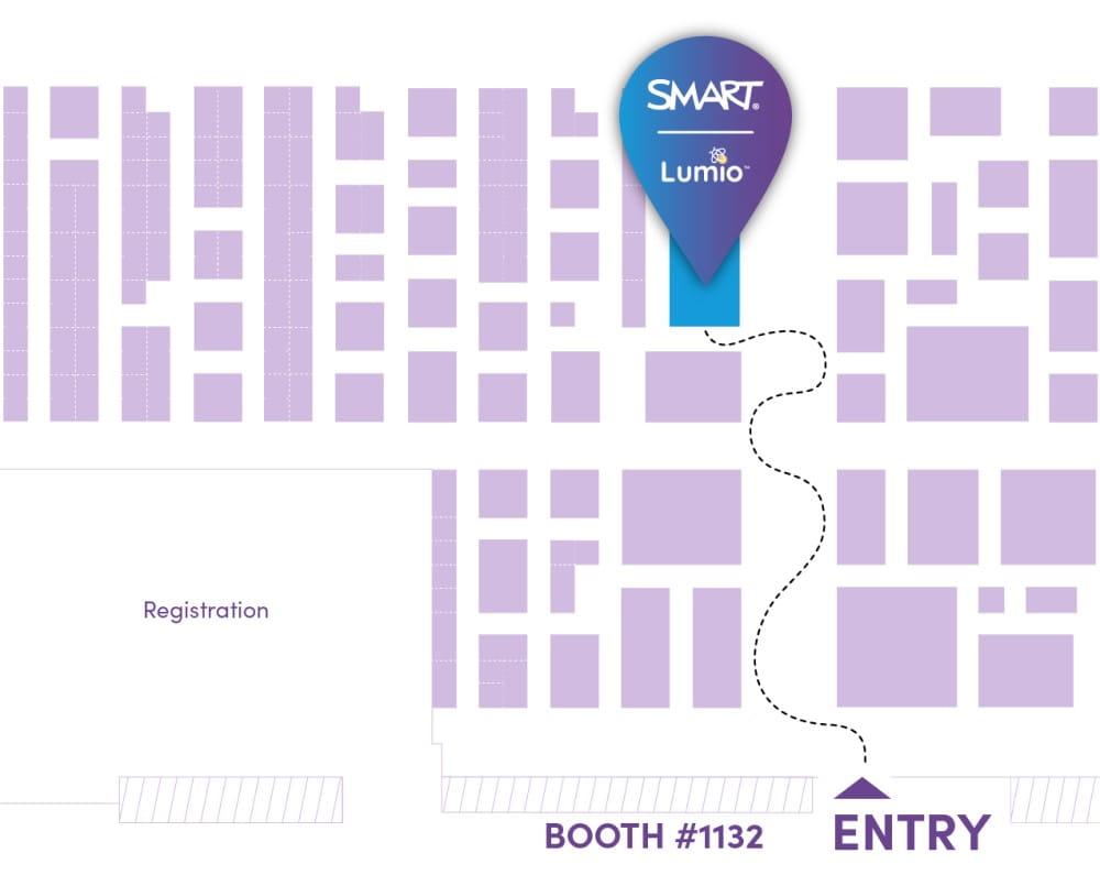 Exhibition floor plan showing the location of the SMART & Lumio booth, number 1132, next to the registration entry.
