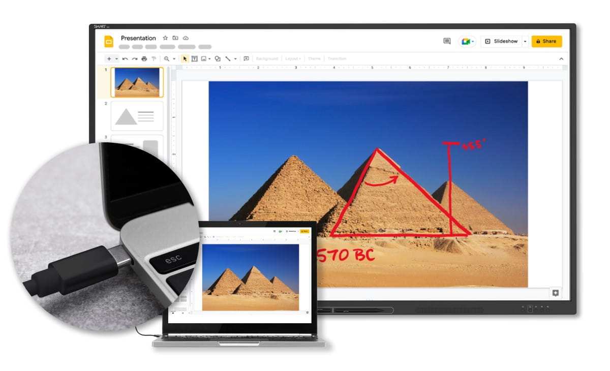 An image depicting a laptop connected to a SMART Board GX Zero with a single cable, displaying a presentation on the Pyramids of Giza, illustrating the simplicity of setting up and integrating technology in a classroom setting.