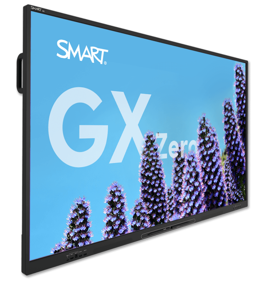 An angled left view of the SMART Board GX Zero interactive display with a clear image of pine trees on the screen, indicating its use in an educational setting.