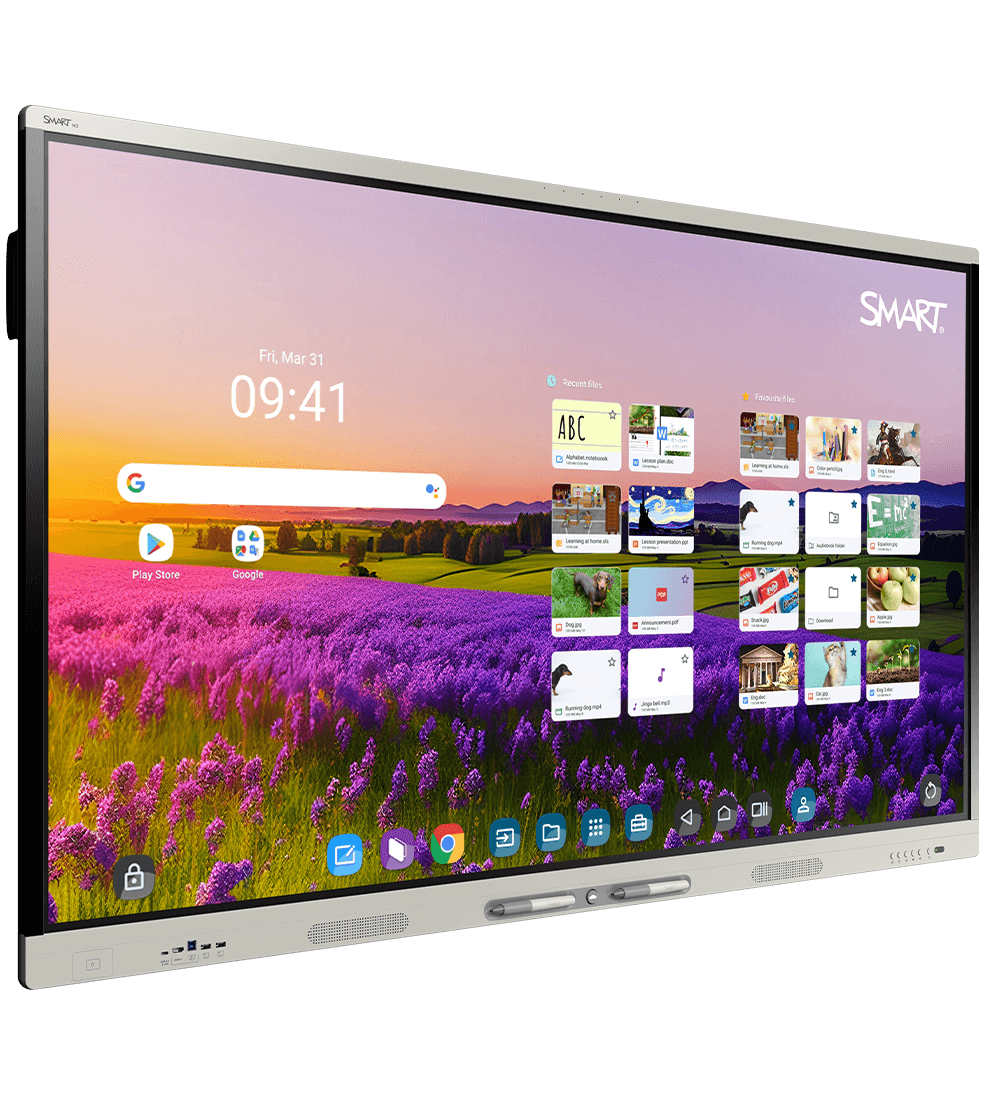 An angled view of the SMART Board MX series display with a digital interface showing a clock, search bar, and an array of educational apps on a colorful background of a lavender field.