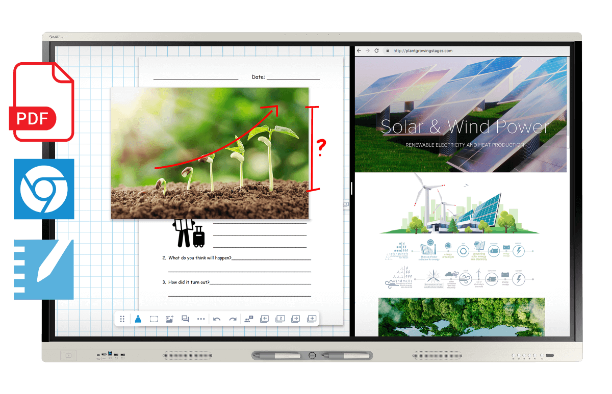 A digital SMART Board integrates real-life scientific observations with digital annotations, engaging students in the study of plant life cycles through interactive media.