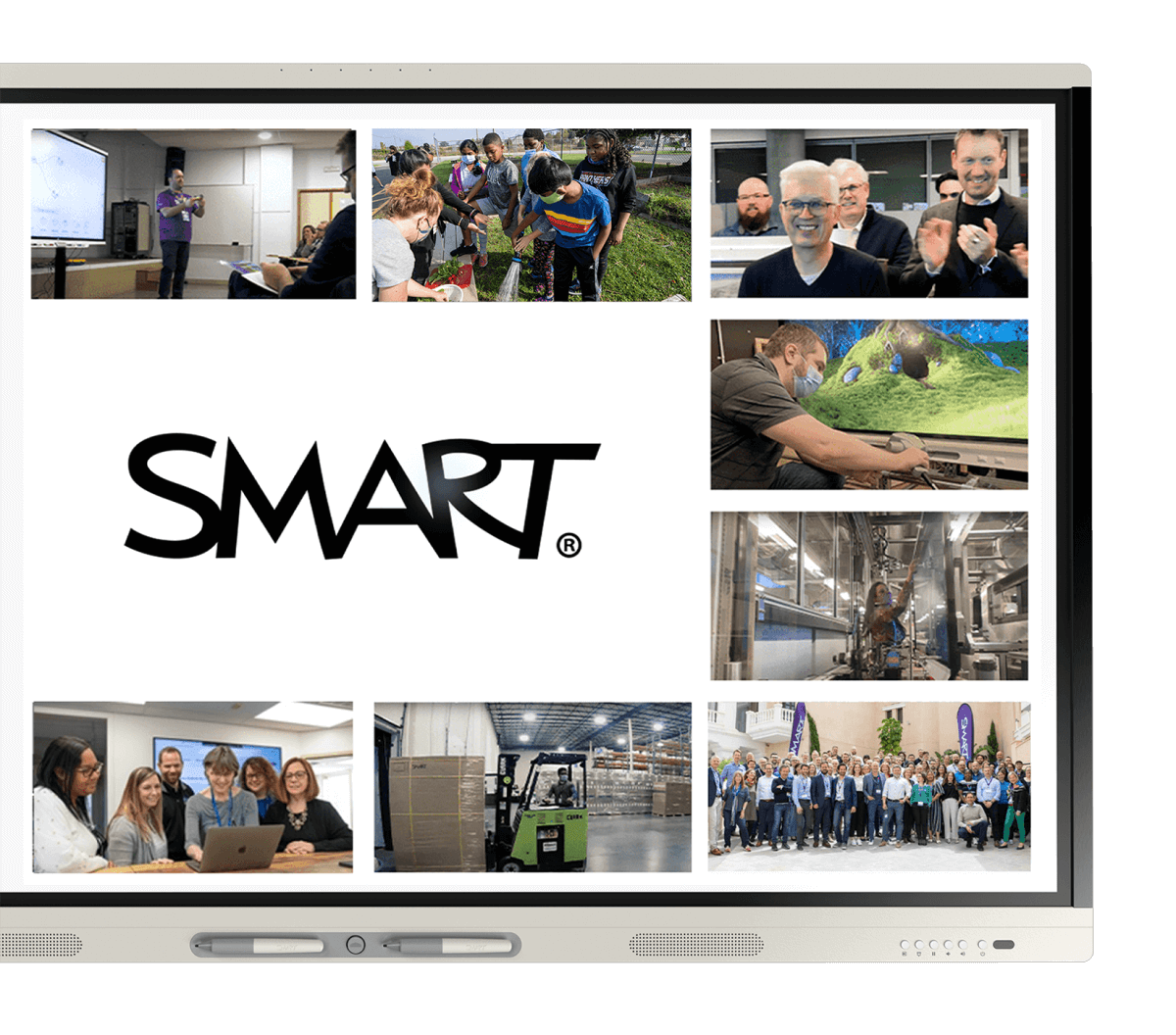 An image collage on a SMART Board MX series display featuring various scenes of people using SMART technology in different environments, including a classroom, outdoor learning, a business meeting, an industrial setting, and a group photo of team members.
