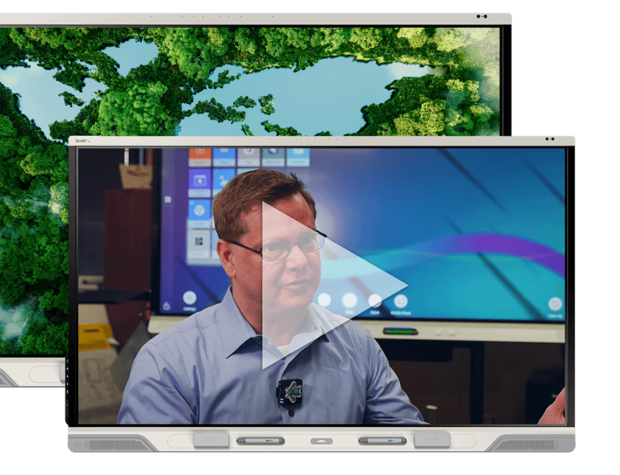 Creative visual blending of a video interview and a vivid forest scene displayed on a SMART interactive display.