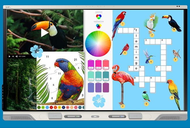 Colorful graphic of iQ embedded computing interface showcasing vibrant educational activities and tools.