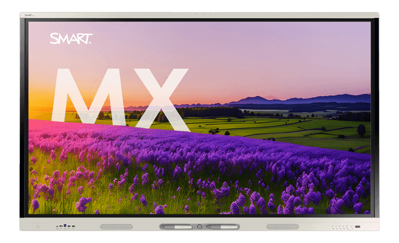 SMART MX series interactive display presenting a serene field of purple flowers at sunset.