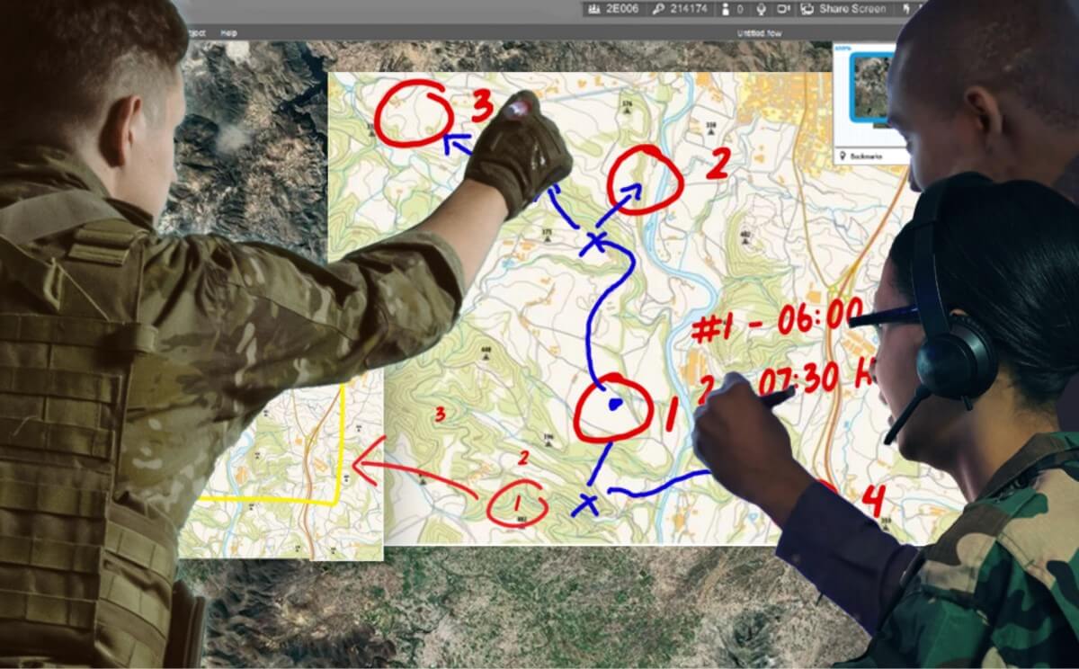 Military personnel strategizing with an interactive SMART display featuring multiple annotations on a tactical map.