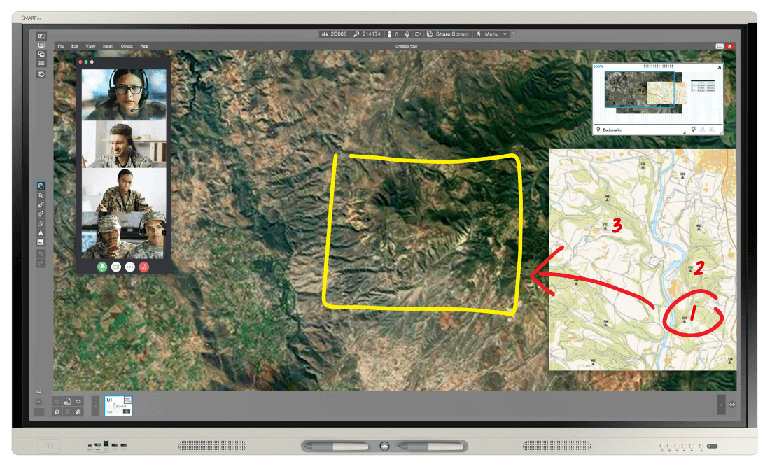 Satellite imagery of mountainous terrain with highlighted areas displayed on an MX V4 using SMART Meeting Pro software.