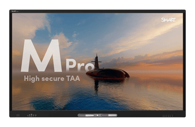The M Pro high secure series TAA interactive display, showcasing a stunning sunset scene with a submarine in calm ocean waters.