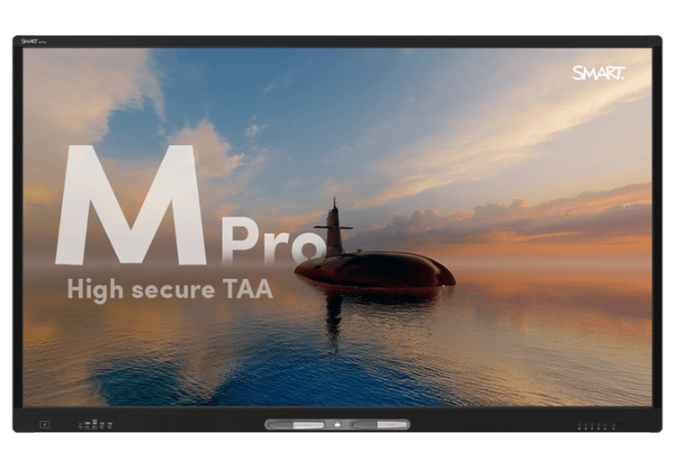 The M Pro high secure series TAA interactive display, showcasing a stunning sunset scene with a submarine in calm ocean waters.