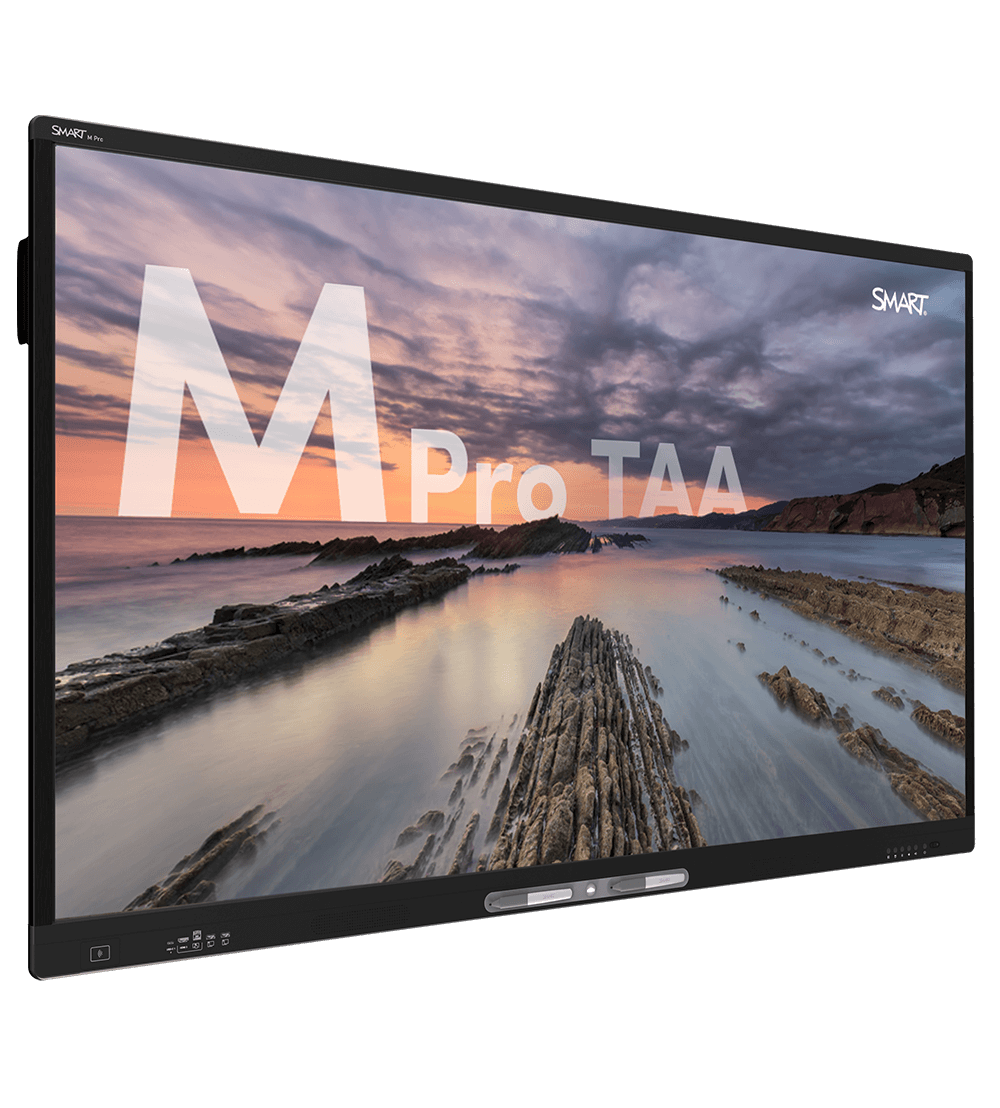 SMART Board M Pro series TAA-compliant interactive display showcasing a stunning sunset over rocky coastal waters.
