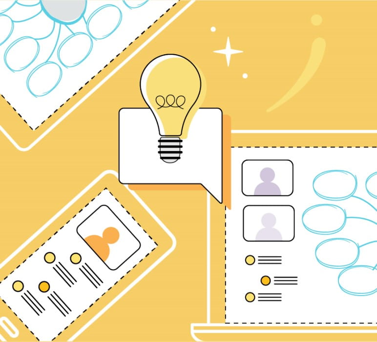 Icon illustrating multiple options for collaborative work, featuring connected nodes and a light bulb representing ideas.