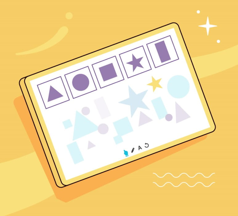 Icon for digital manipulatives, showing a digital tablet displaying various interactive tiles and shapes.