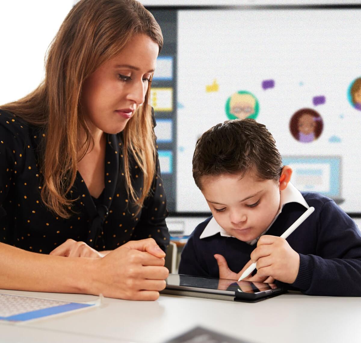 An inclusive education scene where a teacher guides a young student through an interactive lesson on a tablet.