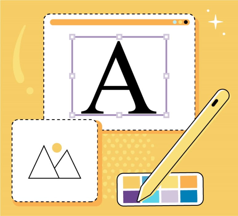 Icon representing multi-modal activities, featuring symbols of an uppercase letter A, a pencil, and geometric shapes.