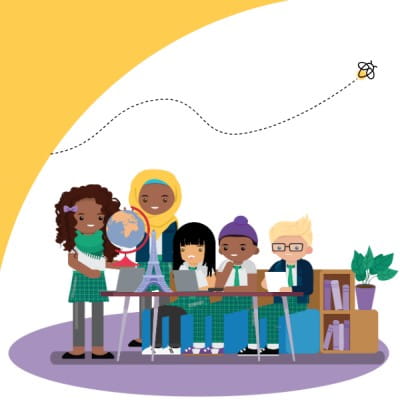 Illustration of a group of students gathered together at a table with their devices, props and books. There is a firefly flying above them.