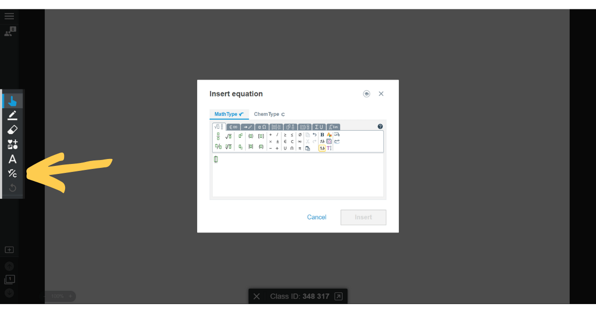 Advanced equation editor displaying mathematical symbols for students and educators in a digital classroom setting.