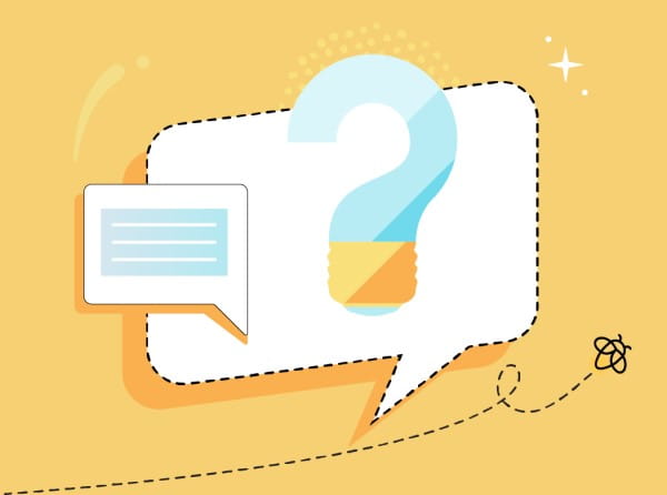 Interactive graphic with a lightbulb and speech bubble representing the inquiry feature of Lumio where experts are available to answer questions.