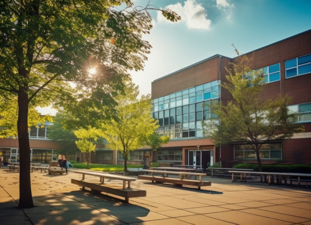 Sunny day at a school campus with modern buildings, lush green trees, and outdoor seating areas, conveying a peaceful and inviting educational environment.