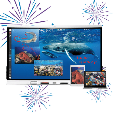 SMART Board with fireworks graphic in the background.