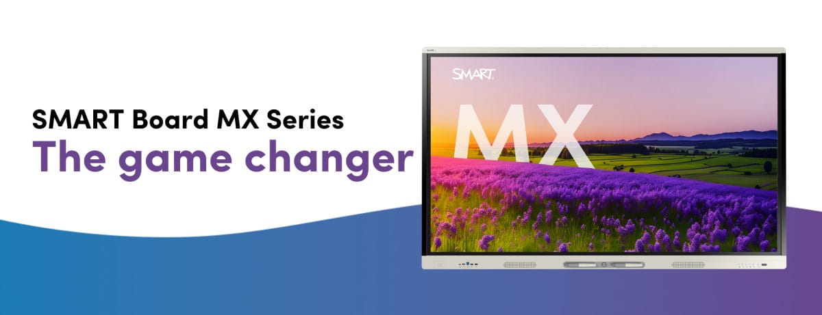 Promotional banner for SMART Board MX Series with the slogan 'The game changer' and an image of the interactive display showing a vivid landscape with purple flowers and a sunset.
