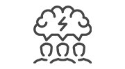 Icon depicting a cloud with a lightning bolt and three silhouettes below, symbolizing collaboration or brainstorming.