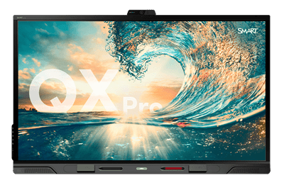 QX Pro SMART Board for business meetings, featuring a vibrant image of a cresting ocean wave under a sunset, symbolizing dynamic and powerful business solutions.