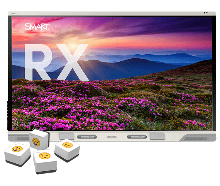SMART RX interactive display showcasing a vibrant landscape image with rolling hills and a colorful sunset. Accompanied by educational stamp blocks with emoji faces.