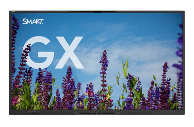 A SMART Board GX series display presents a clear blue sky over a field of purple flowers.