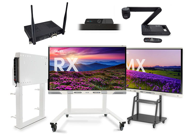 A variety of accessories for interactive displays are shown, including a wireless router, cameras, a document camera, remote controls, and mounts, alongside the SMART Board RX and MX series displays with vibrant screen images.