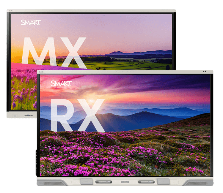 An image showing two SMART interactive displays, the top display branded with the MX series against a purple sky with lavender fields, and the bottom display with the RX series featuring a sunset over a mountainous landscape with pink flowers in the foreground.