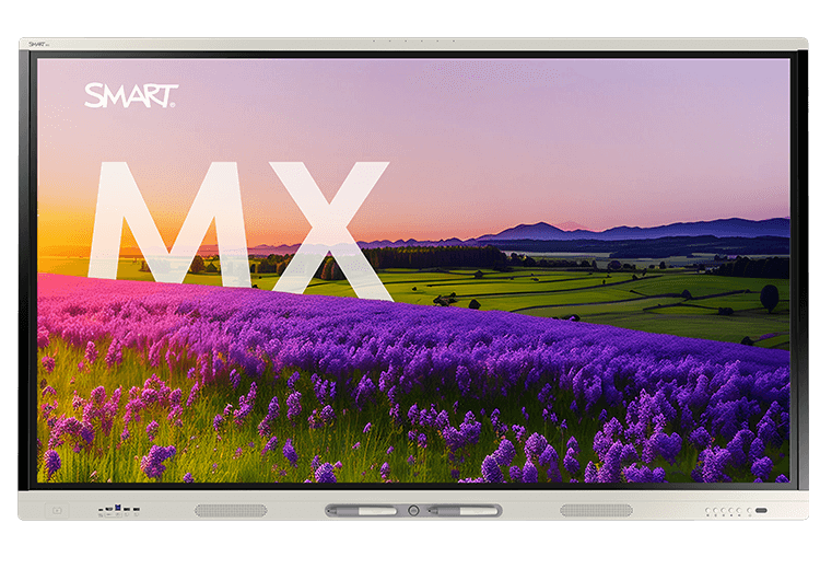 A front-facing SMART Board MX series display showing a vivid lavender field with the large white letters "MX" and a purple sunset in the background.