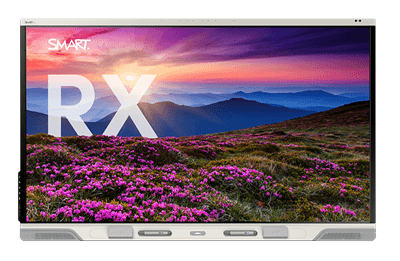 The SMART Board RX series interactive display features a stunning mountain landscape at sunset.